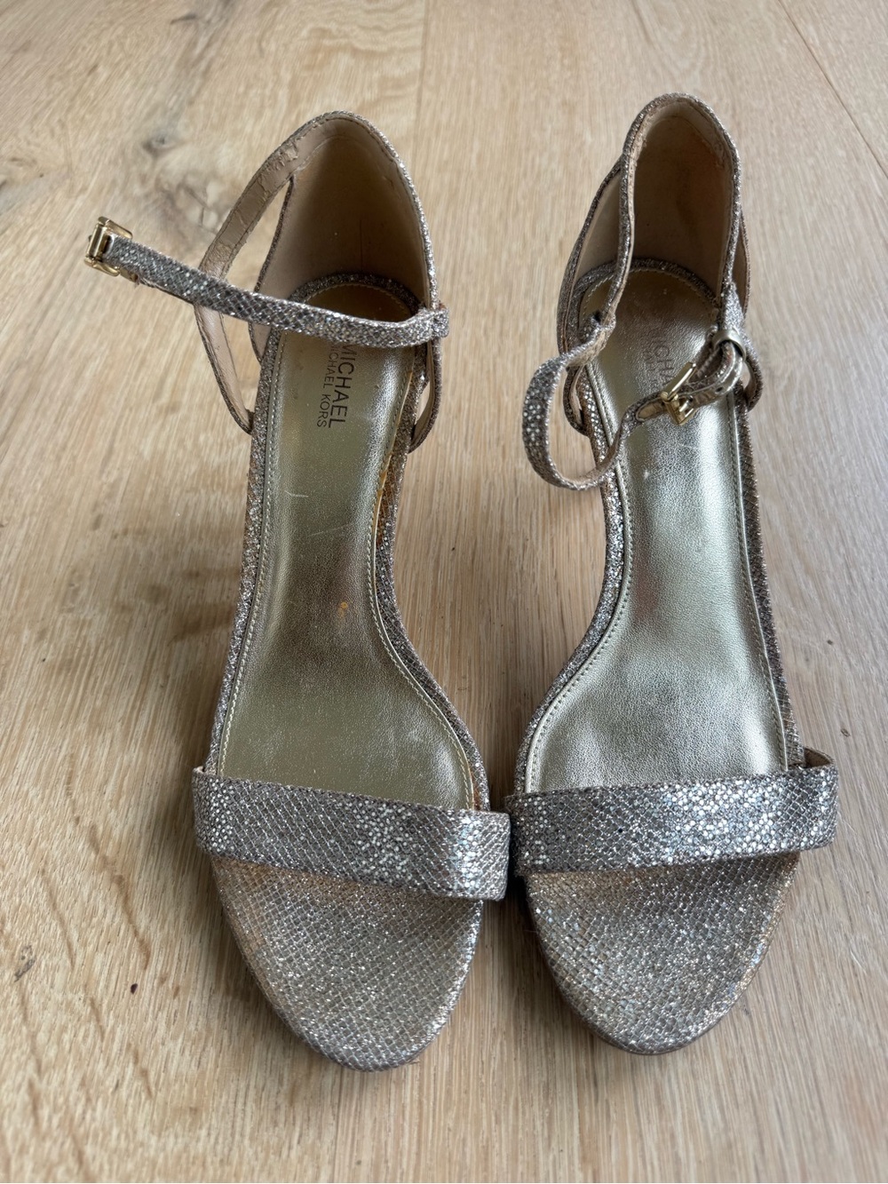 MICHAEL Michael Kors Glitter Ankle-Strap Heels in Champagne Gold Glitter